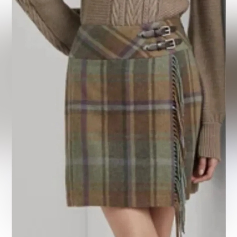 Lauren Ralph Lauren Plaid Wool Fringed Mini Skirt Womens